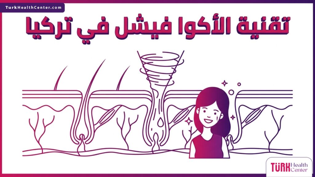 إنفوجرافيك طبي تشريحي يوضح آلية عمل تقنية الأكوا فيشل في تركيا على طبقات البشرة والمسام.