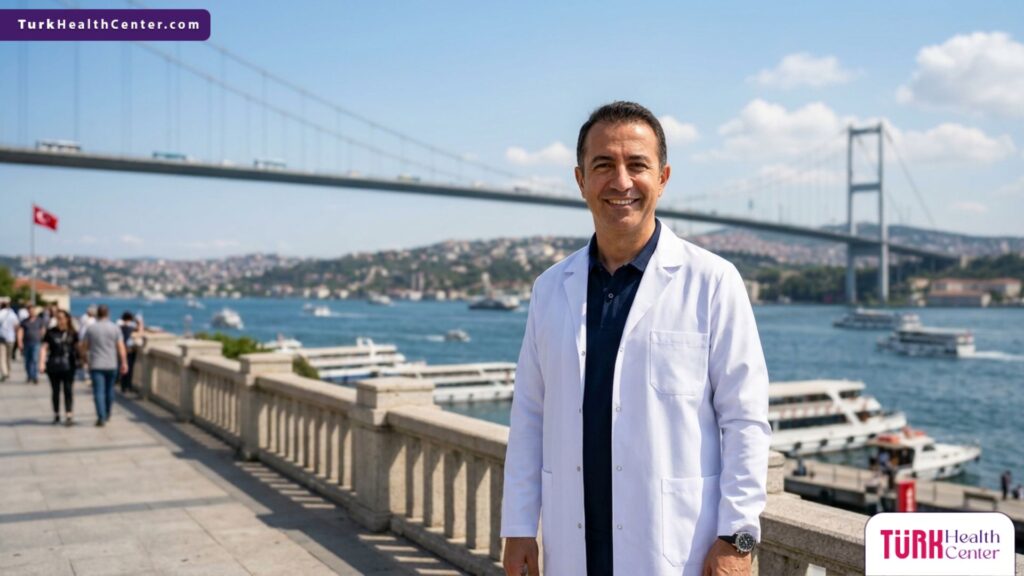 طبيب تجميل متخصص يقف بثقة أمام جسر البوسفور في إسطنبول للترحيب بمرضى تقنية البلازما جيت في تركيا.