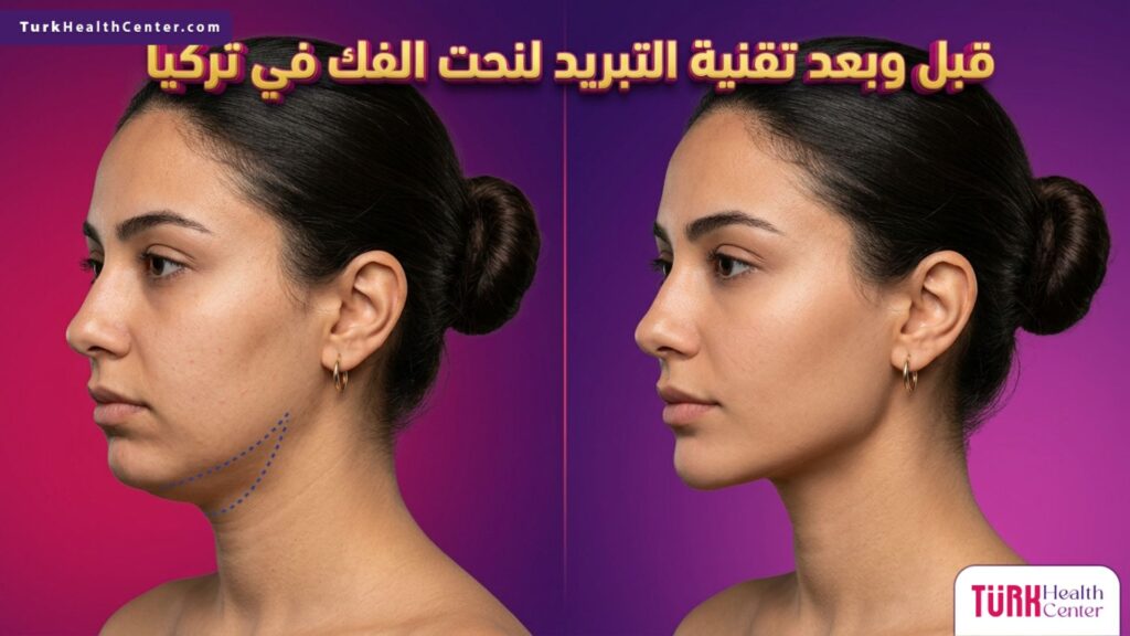 مقارنة قبل وبعد تقنية التبريد لنحت الفك في تركيا توضح التخلص من اللغلوغ وتحديد ملامح الوجه السفلية.