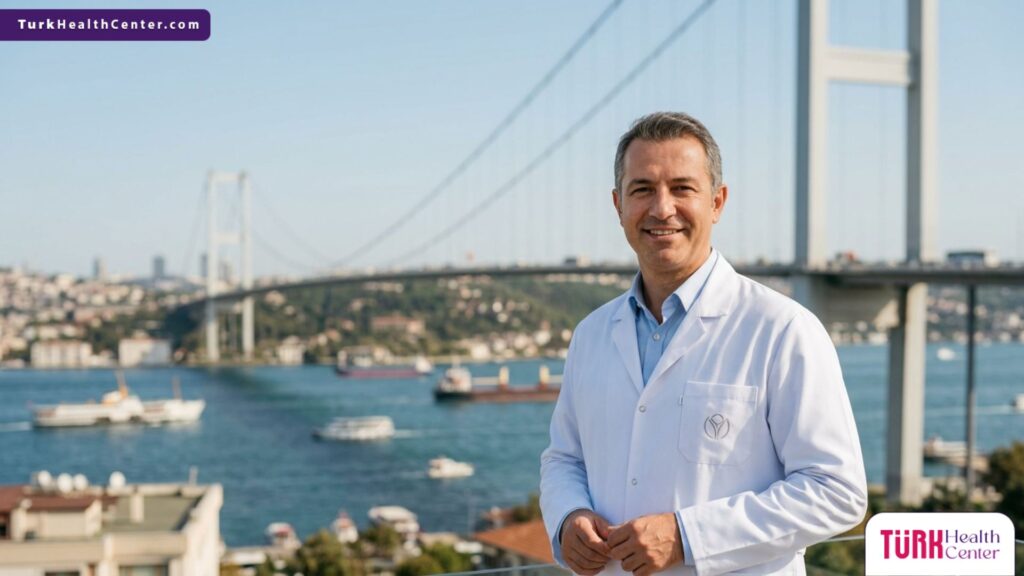 طبيب تجميل متخصص يقف أمام جسر البوسفور، يقدم أحدث خدمات تقنية التقشير الأصفر للتفتيح في تركيا.