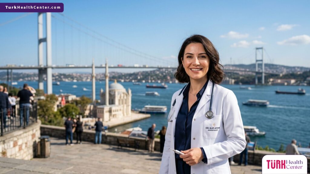 طبيب تجميل متخصص يقف بثقة أمام جسر البوسفور كوجهة رائدة لـ تقنية التقشير البارد في تركيا