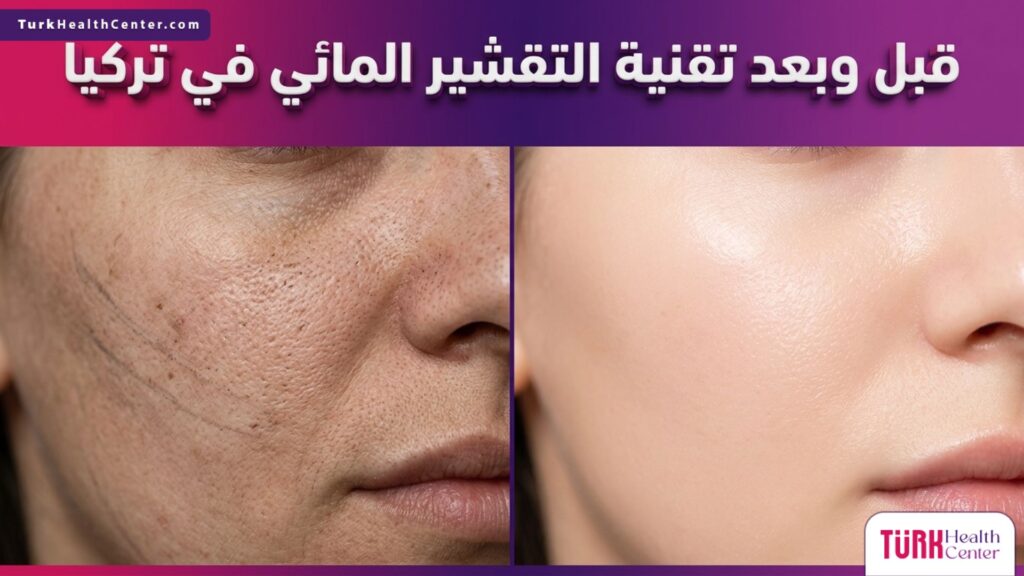 مقارنة قبل وبعد توضح نتائج تقنية التقشير المائي في تركيا على نضارة ونقاء البشرة