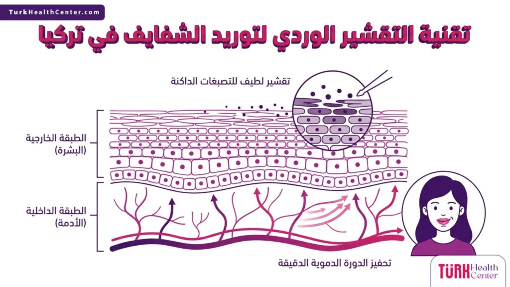 إنفوجرافيك طبي يوضح آلية عمل تقنية التقشير الوردي لتوريد الشفايف في تركيا علمياً