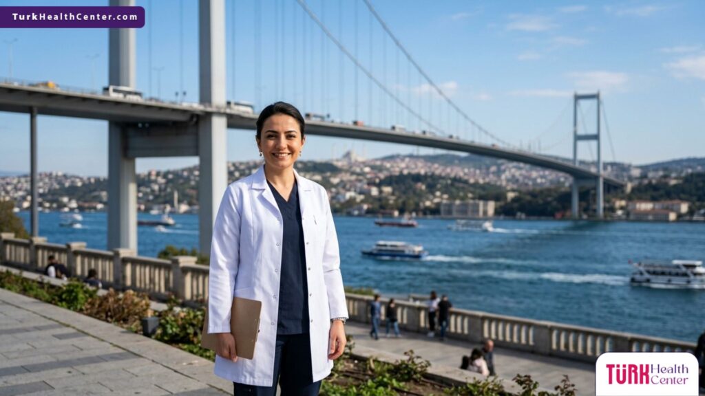 طبيب تجميل متخصص في تقنية التقشير الوردي لتوريد الشفايف في تركيا يقف أمام جسر البوسفور في اسطنبول