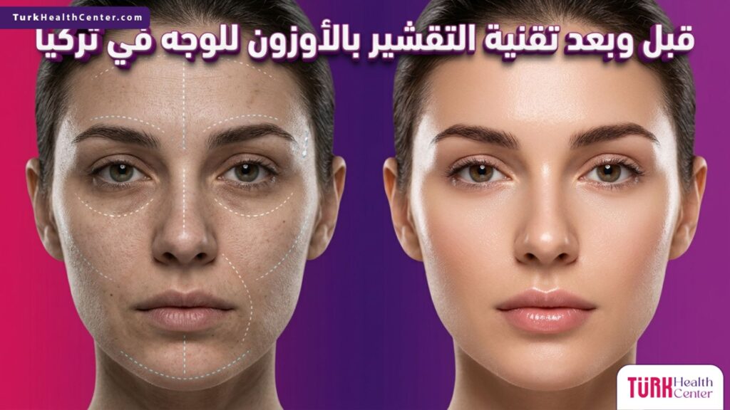 صورة مقسمة توضح الفرق المذهل قبل وبعد تقنية التقشير بالأوزون للوجه في تركيا، حيث تظهر البشرة أكثر نضارة وإشراقاً.