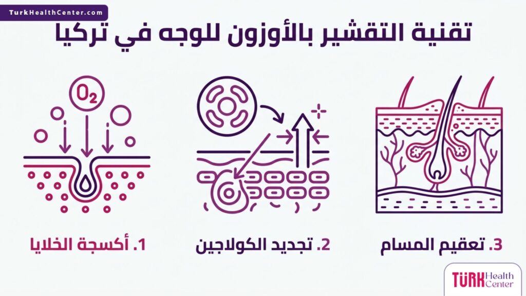 إنفوجرافيك علمي يلخص 3 فوائد أساسية حول تقنية التقشير بالأوزون للوجه في تركيا، تشمل الأكسجة وتجديد الكولاجين والتعقيم.