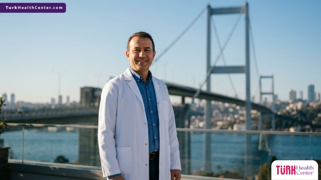 طبيب أمراض جلدية خبير متخصص في تقنية التقشير بالموجات فوق الصوتية في تركيا يقف أمام جسر البوسفور باسطنبول