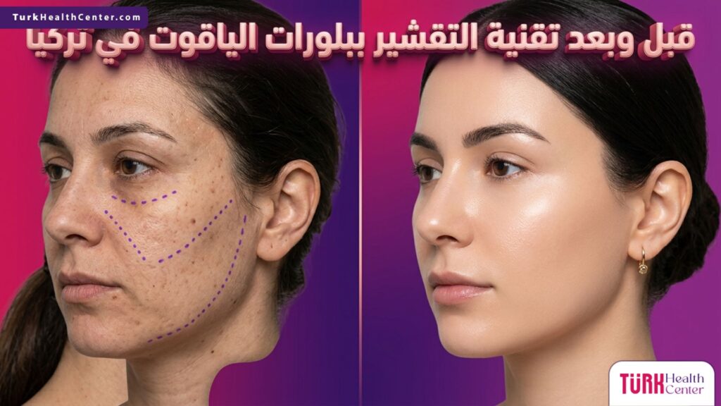 مقارنة قبل وبعد تظهر التحول الجذري في نضارة وملمس البشرة بفضل تقنية التقشير ببلورات الياقوت في تركيا.