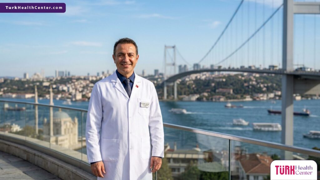 طبيب تجميل متخصص يقف بثقة أمام جسر البوسفور في اسطنبول، ليمثل الريادة في تقنية التقشير ببلورات الياقوت في تركيا.