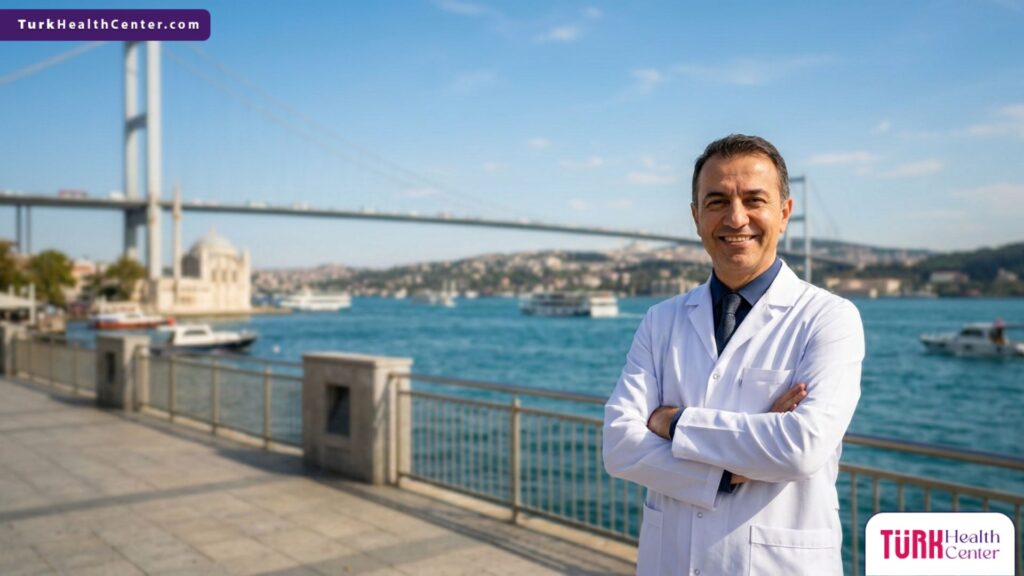 طبيب تجميل متخصص يقف بثقة أمام جسر البوسفور في اسطنبول كرمز للتميز في إجراء تقنية الخلايا الجذعية الذاتية للوجه في تركيا.
