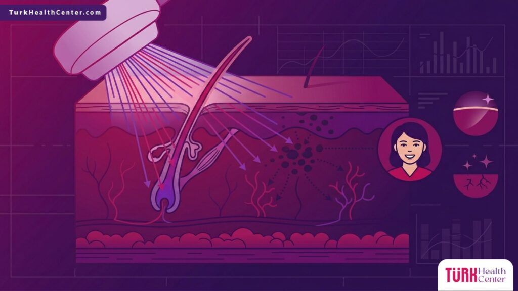 رسم توضيحي تشريحي يشرح آلية عمل تقنية الضوء النبضي المكثف في تركيا داخل طبقات الجلد.