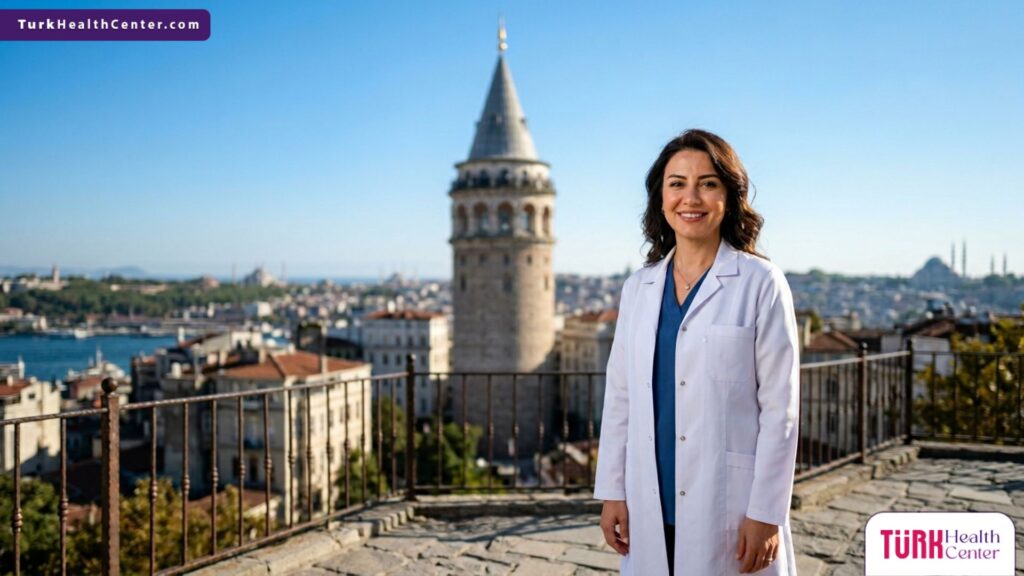طبيب أمراض جلدية متخصص في تقنية الضوء النبضي المكثف في تركيا يقف بثقة أمام برج غلطة في اسطنبول.