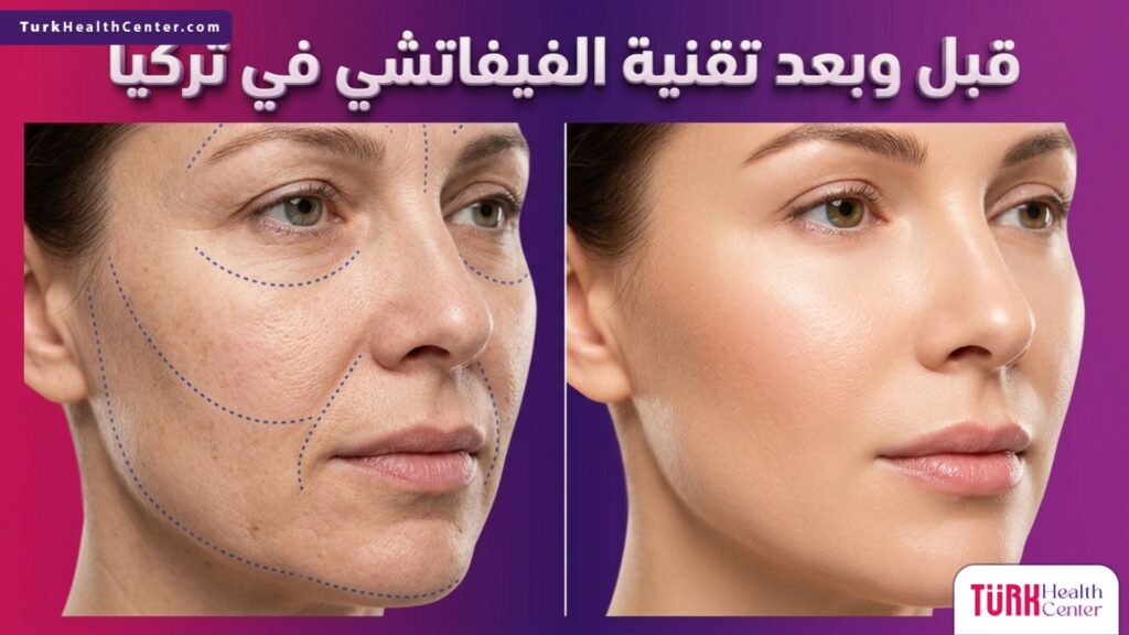 مقارنة قبل وبعد توضح نتائج تقنية الفيفاتشي في تركيا في شد الوجه وعلاج التجاعيد والمسامات الواسعة.
