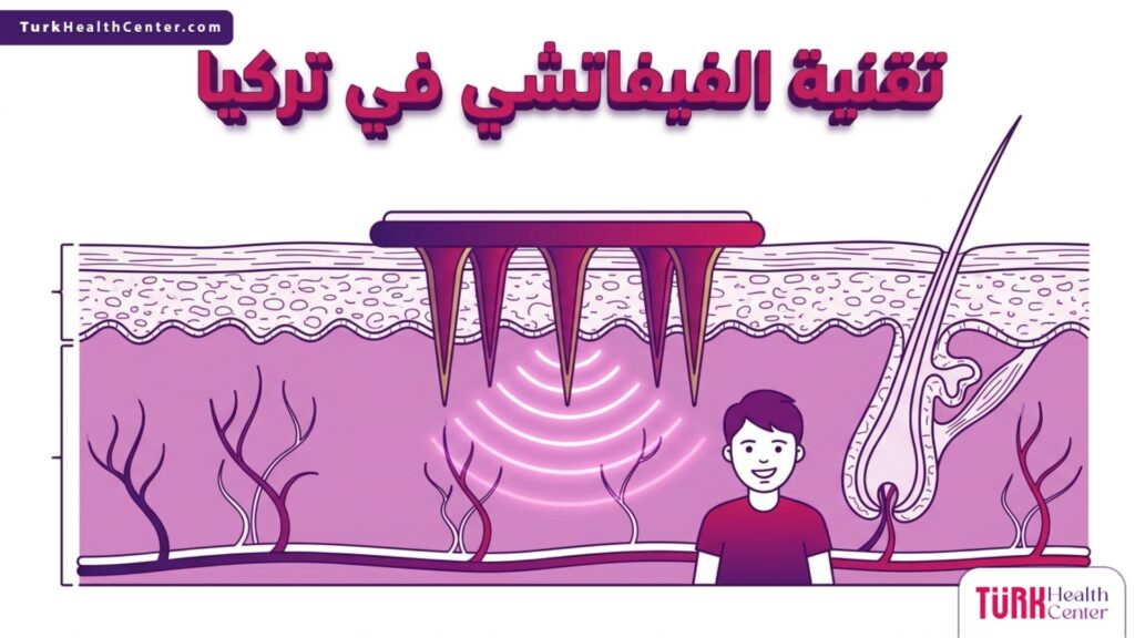 رسم تشريحي دقيق يوضح آلية عمل تقنية الفيفاتشي في تركيا وتأثير إبر الراديو فريكونسي على طبقات الجلد.