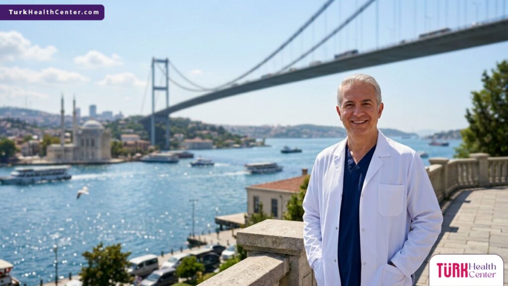 طبيب تجميل متخصص يقف أمام جسر البوسفور، ليمثل السياحة العلاجية وإجراء تقنية الفيفاتشي في تركيا.