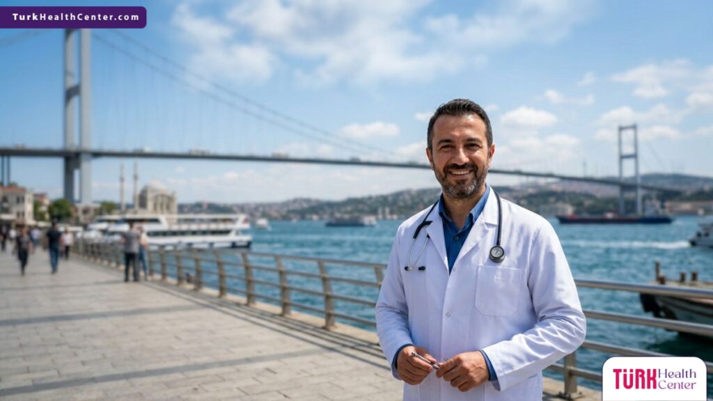 طبيب أمراض جلدية متخصص يقف بثقة أمام جسر البوسفور، ليمثل الريادة في تقديم تقنية الميكرو-ديرمابريشن الطبية في تركيا.