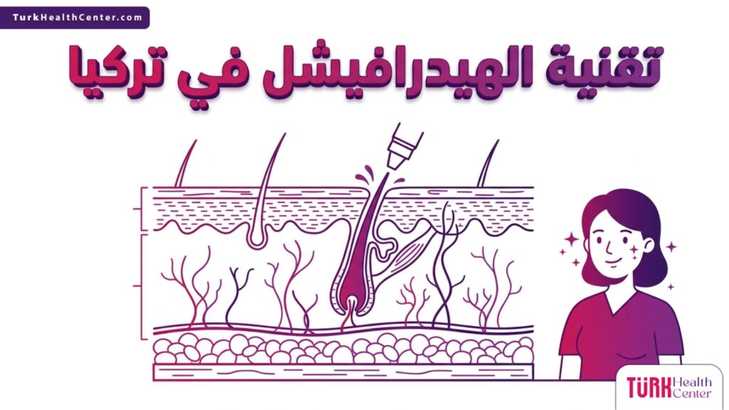 إنفوجرافيك تشريحي ثلاثي الأبعاد يوضح آلية عمل تقنية الهيدرافيشل في تركيا على طبقات الجلد لتنظيف المسام وتغذيتها.