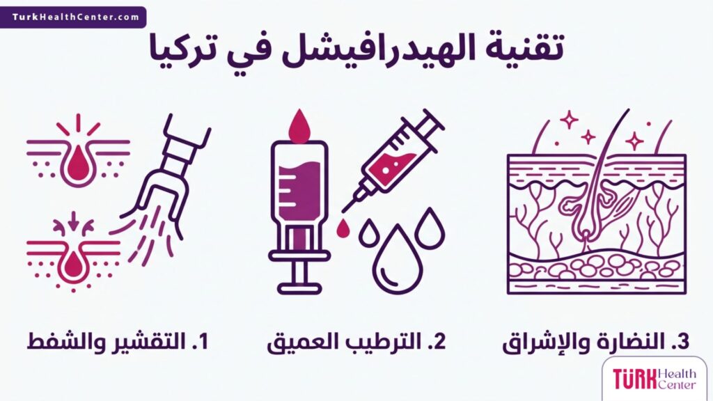 مخطط إنفوجرافيك طبي يستعرض أهم ثلاث مراحل علمية لتطبيق تقنية الهيدرافيشل في تركيا بأسلوب مبسط.