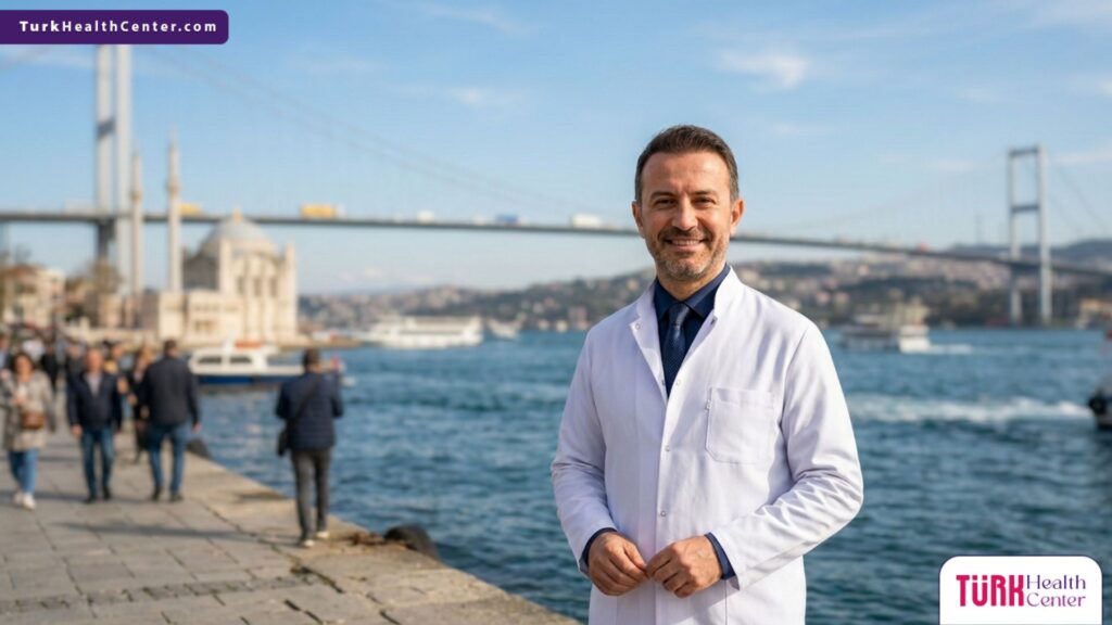 طبيب متخصص يقف بثقة وخلفه جسر البوسفور، ليمثل الاحترافية العالية في تقديم تقنية الهيدرافيشل في تركيا للسياح العلاجيين.