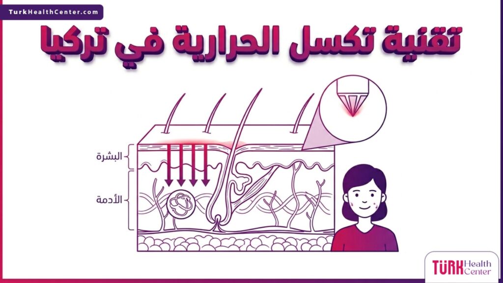 رسم تشريحي يوضح كيفية عمل تقنية تكسل الحرارية في تركيا على طبقات الجلد لتحفيز الكولاجين.
