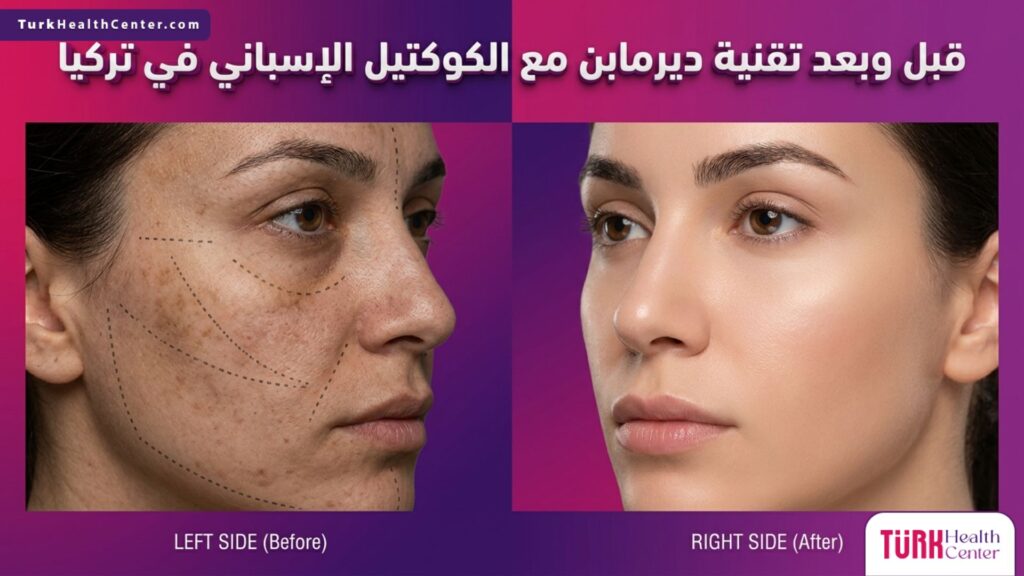 صورة مقسمة تظهر نتائج قبل وبعد إجراء تقنية ديرمابن مع الكوكتيل الإسباني في تركيا لعلاج مشاكل البشرة.