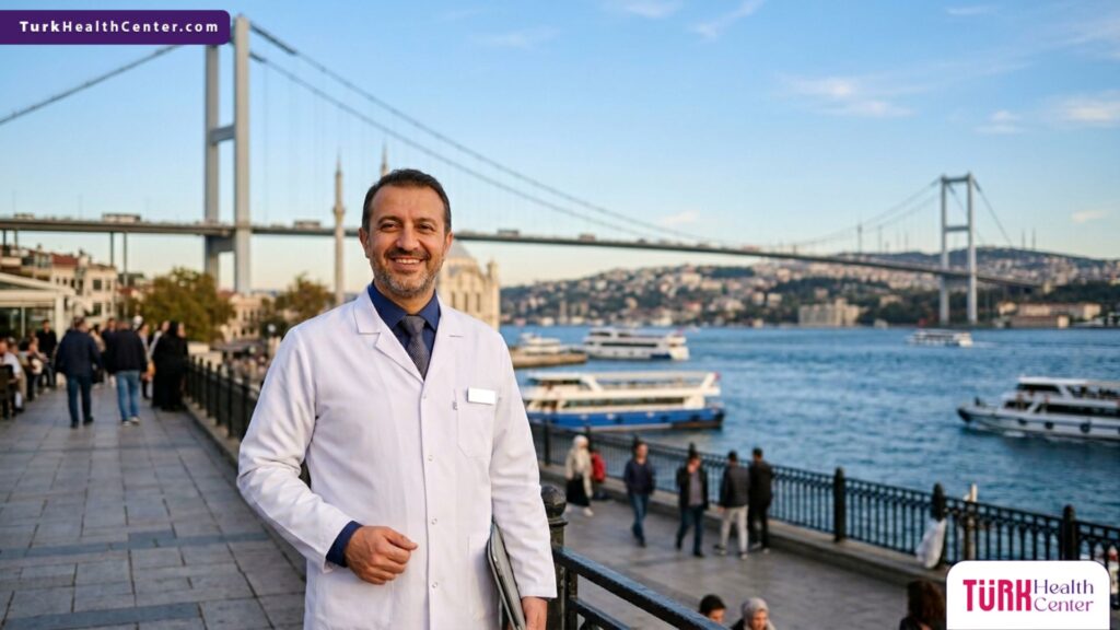 طبيب تجميل متخصص يقف أمام جسر البوسفور، ليمثل التميز الطبي في إجراء تقنية ديرمابن مع الكوكتيل الإسباني في تركيا.