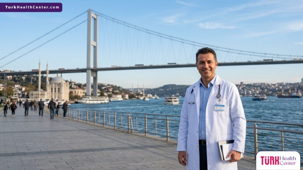 طبيب تجميل يقف بثقة أمام جسر البوسفور، يمثل الجودة والخبرة التي تبرر تكلفة شد الأفخاذ في تركيا.