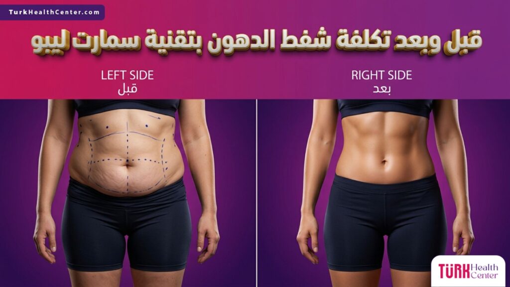 صورة مقسمة قبل وبعد توضح نتائج الإجراء و تكلفة شفط الدهون بتقنية سمارت ليبو لشد البطن ونحت الجسم
