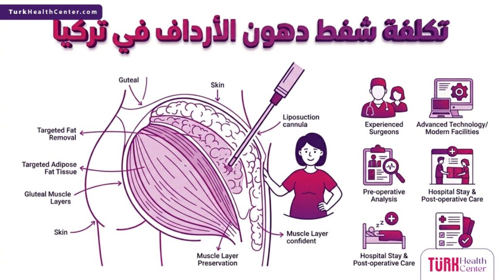 إنفوجرافيك علمي يشرح الطبقات الدهنية والتقنيات المرتبطة بتحديد تكلفة شفط دهون الأرداف في تركيا.