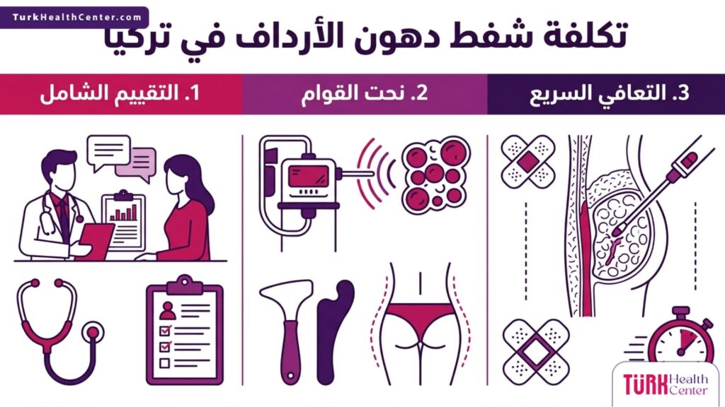 ملصق إنفوجرافيك يستعرض خطوات العملية وما تشمله تكلفة شفط دهون الأرداف في تركيا.