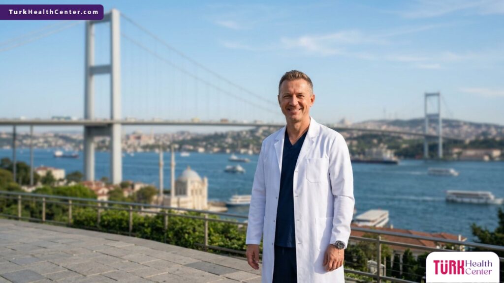 طبيب جراحة تجميل أمام جسر البوسفور في إسطنبول، يمثل السياحة العلاجية والخدمات الشاملة ضمن تكلفة شفط دهون الأرداف في تركيا.
