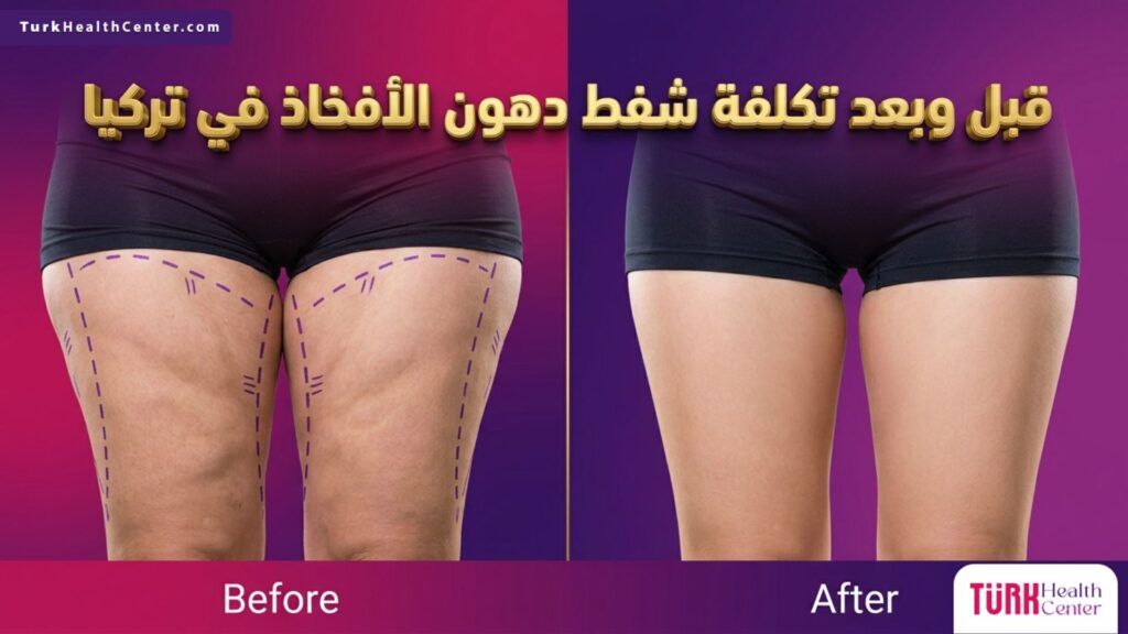 صورة واقعية مقارنة قبل وبعد توضح نتائج الإجراء المرتبط بـ تكلفة شفط دهون الأفخاذ في تركيا.