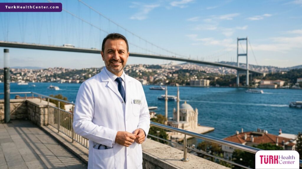 طبيب جراحة تجميلية يبتسم أمام جسر البوسفور، ليمثل الاحترافية والوجهة الطبية المرتبطة بـ تكلفة شفط دهون البطن في تركيا.