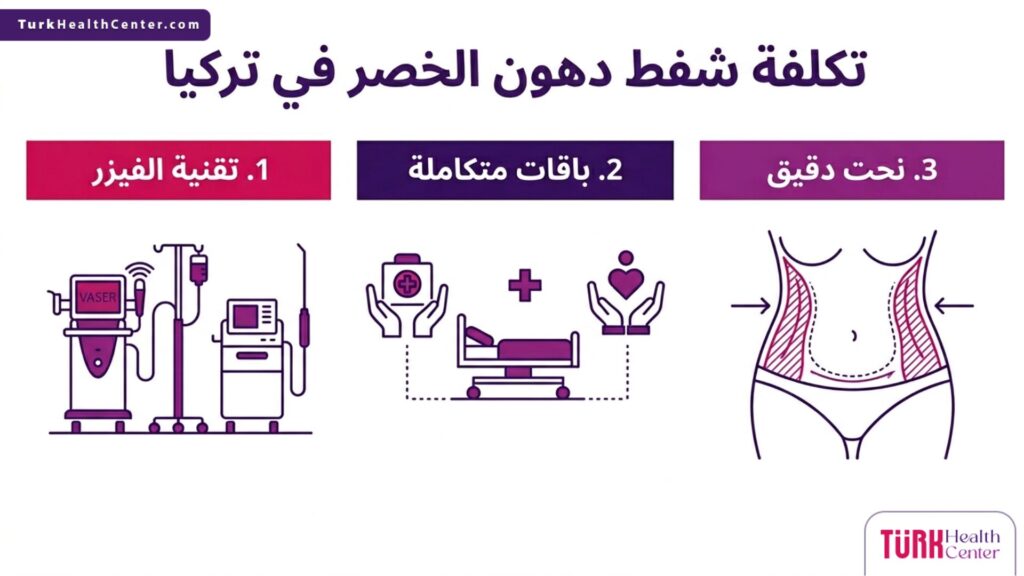 تصميم إنفوجرافيك مبسط يلخص العوامل الرئيسية التي تحدد تكلفة شفط دهون الخصر في تركيا وتقنياتها