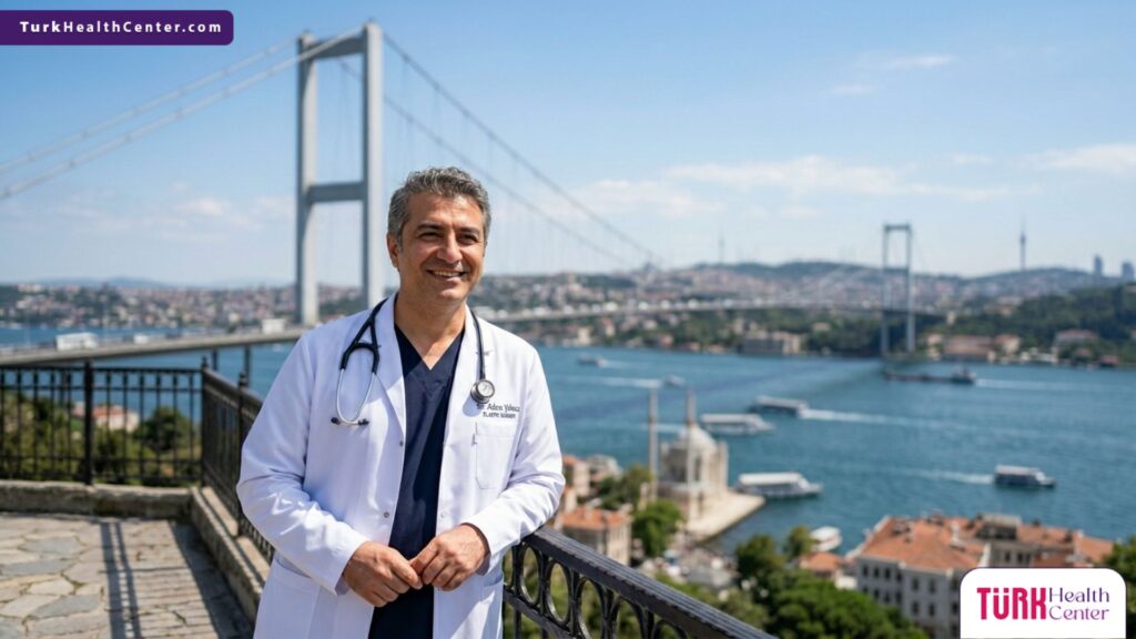 طبيب تجميل متخصص يقف أمام جسر البوسفور، ليمثل الوجهة الرائدة لمعرفة تكلفة شفط دهون الخصر في تركيا بجودة عالية