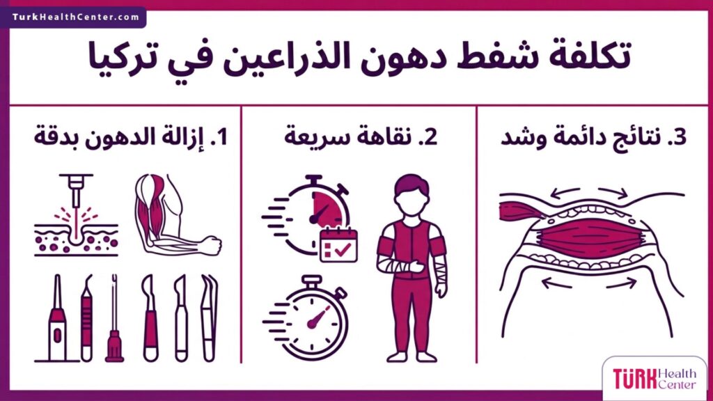 إنفوجرافيك تعليمي يستعرض فوائد الإجراء والمميزات التي تغطيها تكلفة شفط دهون الذراعين في تركيا