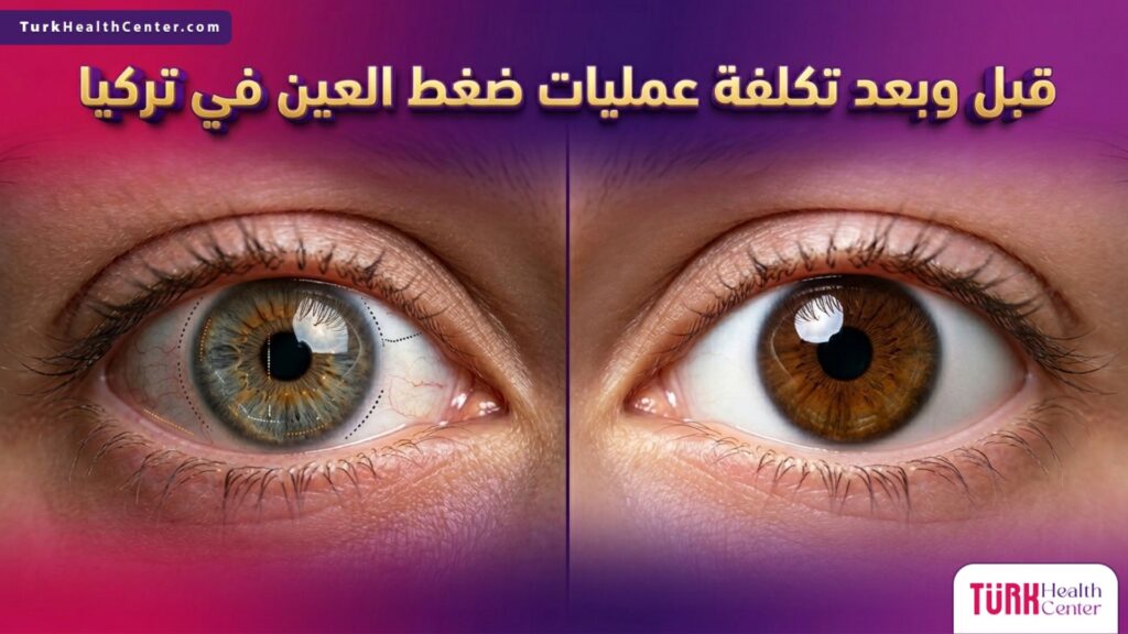 صورة مقارنة قبل وبعد تظهر تحسن حالة العين بفضل العلاج، مع إبراز تكلفة عمليات ضغط العين في تركيا.
