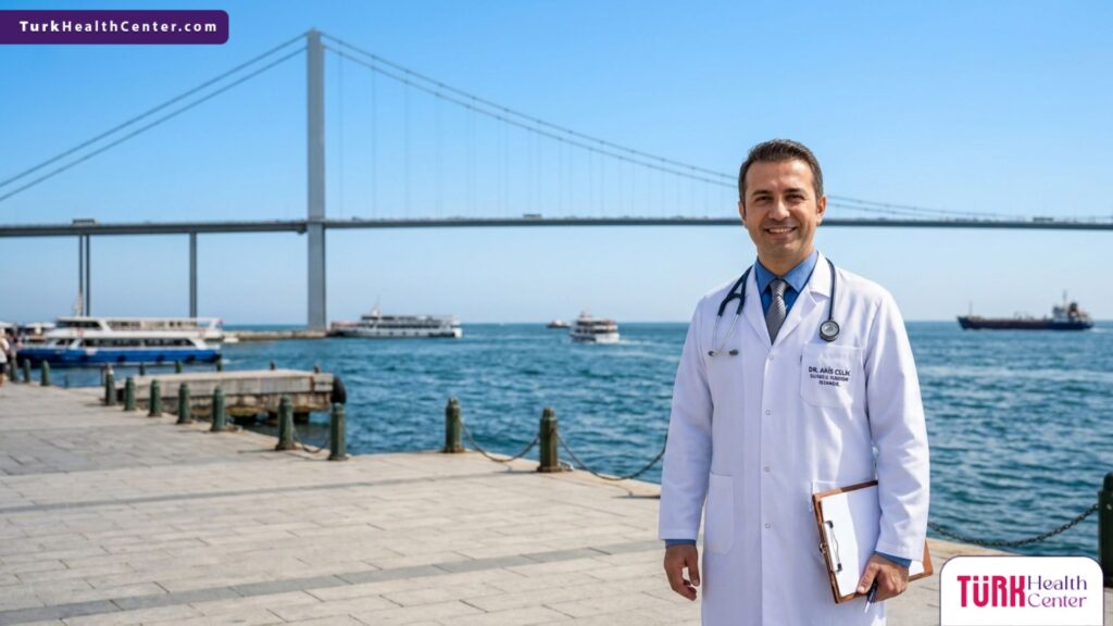 طبيب عيون محترف يقف أمام جسر البوسفور في اسطنبول كواجهة للسياحة العلاجية و تكلفة عملية الفيمتو ليزك في تركيا.
