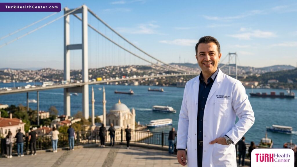 طبيب عيون محترف يقف أمام جسر البوسفور، لتمثيل السياحة العلاجية والبحث عن أفضل تكلفة عملية الليزك في تركيا.