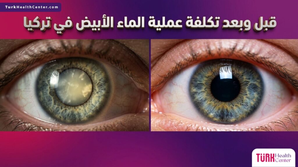 مقارنة قبل وبعد توضح تحسن الرؤية وصفاء العين المرتبط بمعرفة تكلفة عملية الماء الأبيض في تركيا.