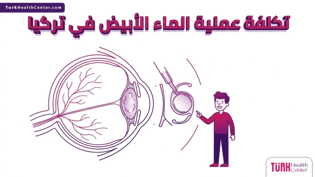 إنفوجرافيك تشريحي دقيق يوضح التركيب الداخلي للعين وكيفية استبدال العدسة، مما يبرر تكلفة عملية الماء الأبيض في تركيا.