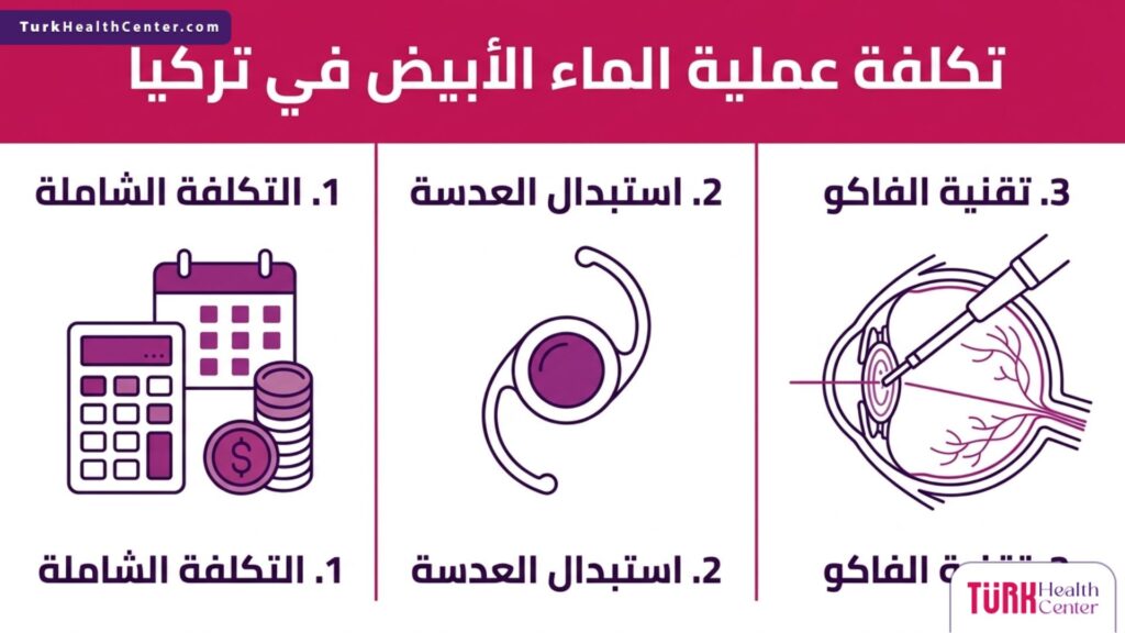 إنفوجرافيك طبي مقسم يوضح العوامل الرئيسية التي تحدد تكلفة عملية الماء الأبيض في تركيا وتفاصيل الإجراء.
