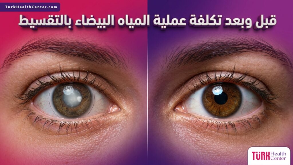صورة مقسمة تظهر العين قبل وبعد العلاج مع توضيح تكلفة عملية المياه البيضاء بالتقسيط.
