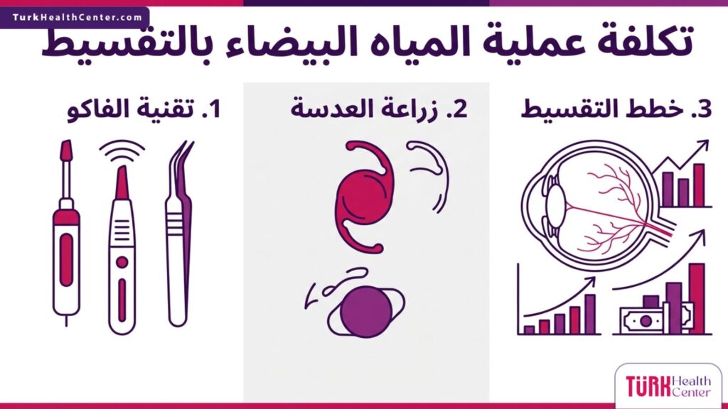إنفوجرافيك يشرح خطوات العلاج والمزايا الخاصة بـ تكلفة عملية المياه البيضاء بالتقسيط.