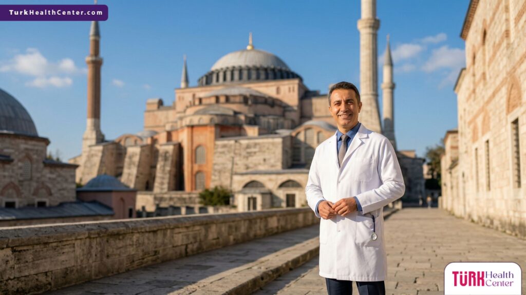 طبيب عيون وجراحة ترميمية يقف أمام مسجد آيا صوفيا في إسطنبول، لتقديم استشارات حول تكلفة عملية تفريغ العين في تركيا.
