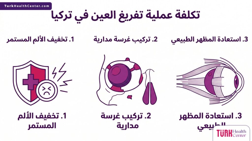 إنفوجرافيك تعليمي يشرح الخطوات والفوائد الطبية المتعلقة بـ تكلفة عملية تفريغ العين في تركيا.