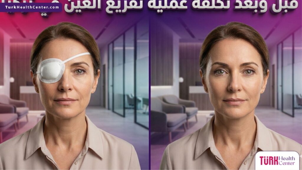 مقارنة قبل وبعد تظهر استعادة المظهر الطبيعي بعد إجراء جراحة تتعلق بـ تكلفة عملية تفريغ العين في تركيا.