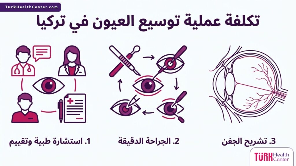 إنفوجرافيك تعليمي مقسم لثلاث مراحل يشرح الخطوات والتقنيات المرتبطة بـ تكلفة عملية توسيع العيون في تركيا