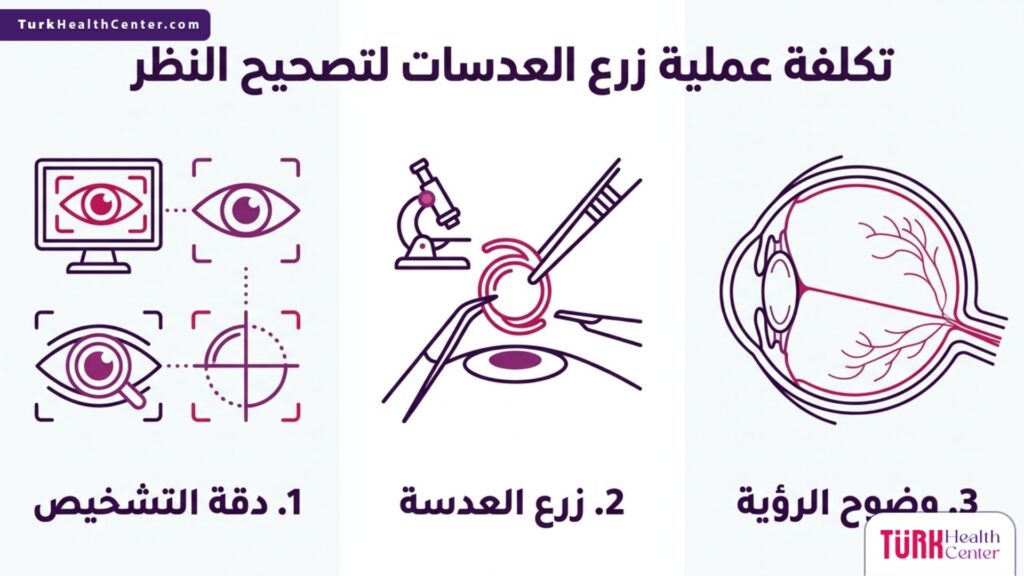 إنفوجرافيك طبي مقسم إلى ثلاث مراحل يشرح خطوات وإجراءات تكلفة عملية زرع العدسات لتصحيح النظر من التشخيص حتى استعادة الرؤية.