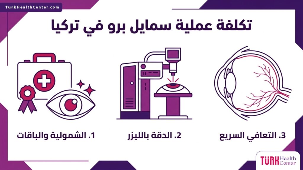 رسم بياني يختصر مزايا ومكونات تكلفة عملية سمايل برو في تركيا من حيث الباقات والتقنية والتعافي.